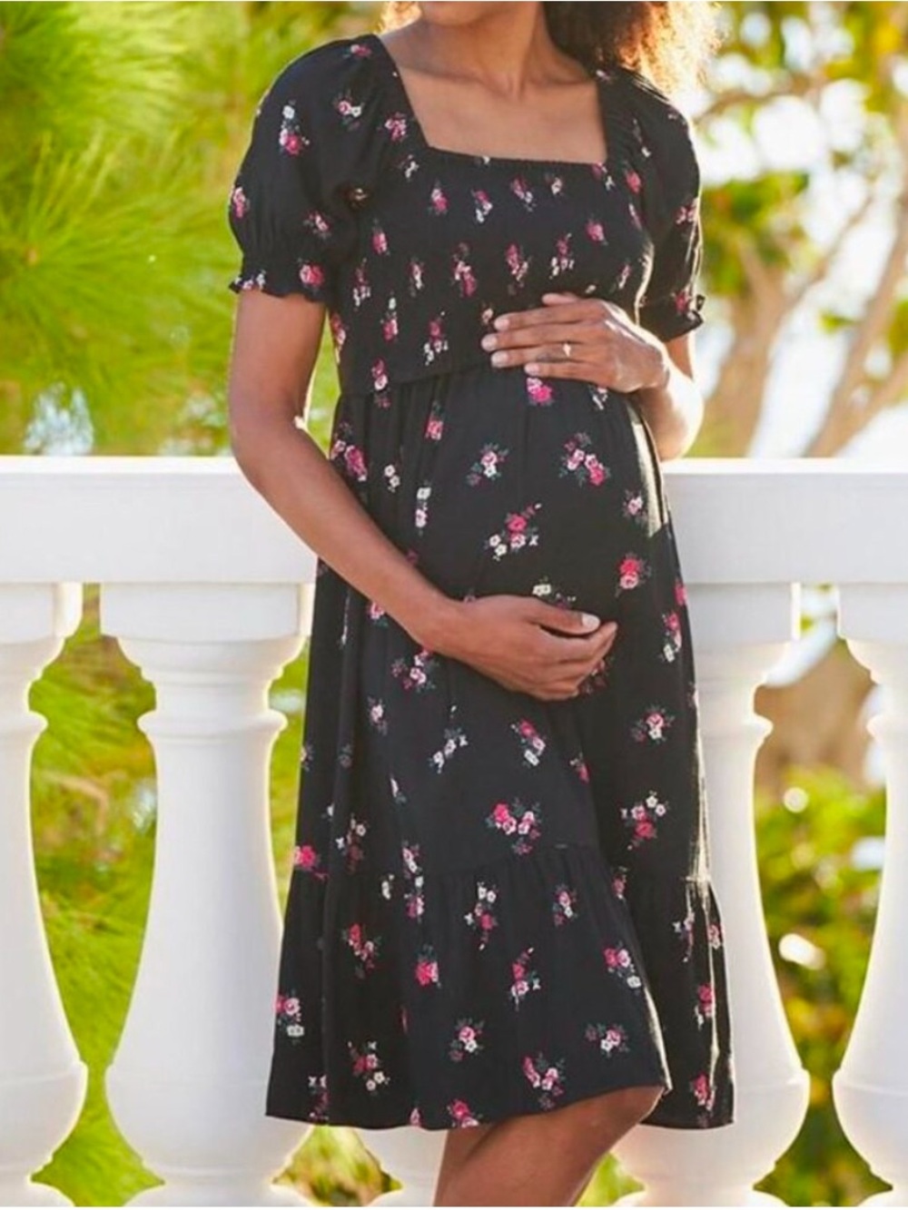 Seraphine Black Floral Shirred Maternity & Nursing Dress, Size 6